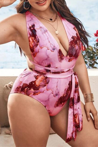 Red Fashion Sexy Print Backless Cross Straps V Neck Plus Size Swimwear (With Paddings)