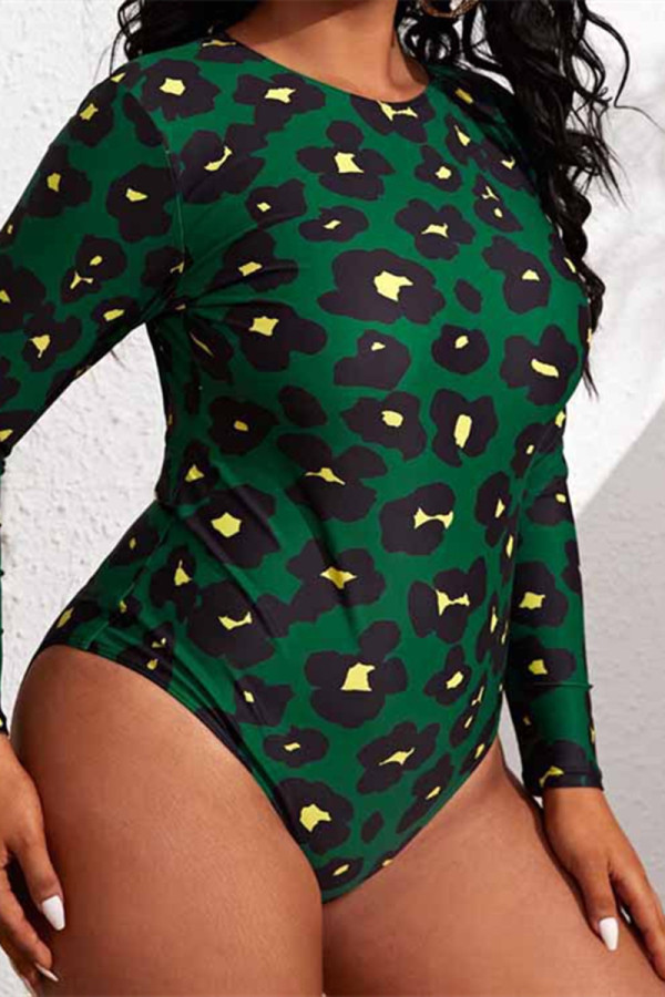 Grönt mode sexigt tryck leopardbandage rygglös o-hals Badkläder i plusstorlek (med vadderingar)