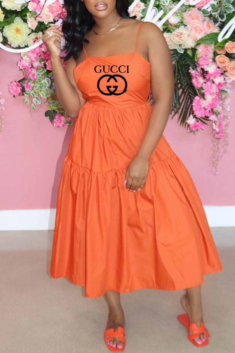 

Orange Fashion Casual Print Letter Spaghetti Strap A Line Dresses