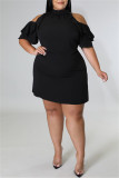 ブラックファッションカジュアルプラスサイズソリッドくり抜かれたタートルネック半袖ドレス