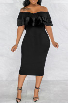 Zwarte mode casual effen patchwork rugloze off-shoulder jurk met korte mouwen