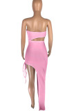 Pink Sexy Solid Hollowed Out Patchwork Slit Strapless Straight Dresses