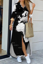 Черно-белое повседневное платье-рубашка с отложным воротником и пряжкой в ​​стиле пэчворк с принтом Платья Платья