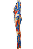 Синий сексуальный принт бинты пэчворк отложной воротник с длинным рукавом из двух частей