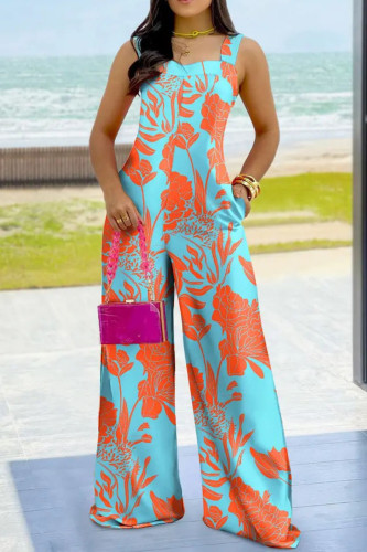 Cyan Casual Print Patchwork Spaghetti Strap Straight Jumpsuits