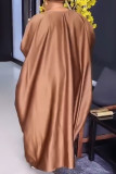 ブラウンファッションカジュアルプリントベーシックOネック長袖プラスサイズのドレス