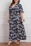 Темно-синее модное повседневное платье больших размеров в стиле пэчворк с V-образным вырезом и коротким рукавом