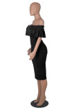 Zwarte mode casual effen patchwork rugloze off-shoulder jurk met korte mouwen