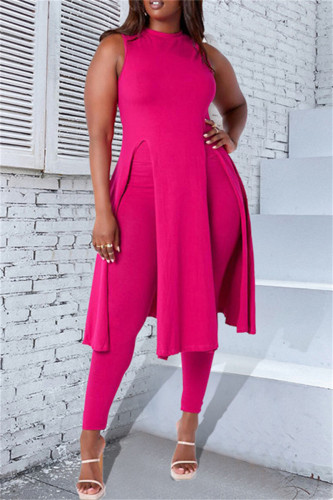 Rose Red Fashion Casual Solid Slit O Neck Sleeveless Two Pieces
