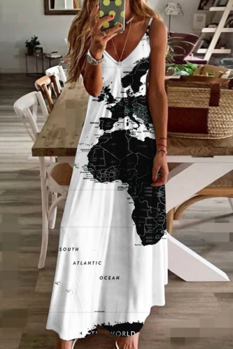 White Black Fashion Sexy Print Backless V Neck Sling Dress