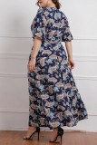 Deep Blue Fashion Casual Plus Size Print Patchwork V-ringad kortärmad klänning
