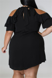 ブラックファッションカジュアルプラスサイズソリッドくり抜かれたタートルネック半袖ドレス