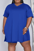 Blue Casual Solid Patchwork V Neck Plus Size Two Pieces