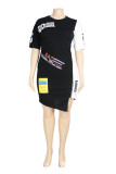 ブラックホワイトファッションプラスサイズプリントパッチワークジッパーOネック半袖ドレス