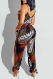 Multicolor Sexy Print Patchwork Slit Spaghetti Strap Straight Jumpsuits