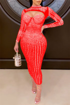 Moda roja sexy patchwork perforación en caliente ahuecado transparente medio cuello alto vestidos de manga larga