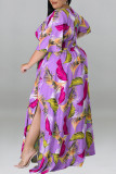 ピンクのカジュアルプリントパッチワークスリットVネックストレートプラスサイズのドレス