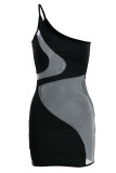 Vestidos de falda lápiz de cuello oblicuo transparente de patchwork sólido sexy negro