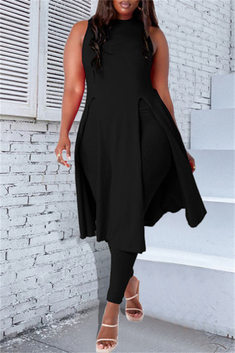 Black Fashion Casual Solid Slit O Neck Sleeveless Two Pieces