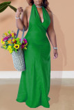 Зеленые сексуальные однотонные лоскутные платья с открытой спиной и лямкой на шее, платья больших размеров