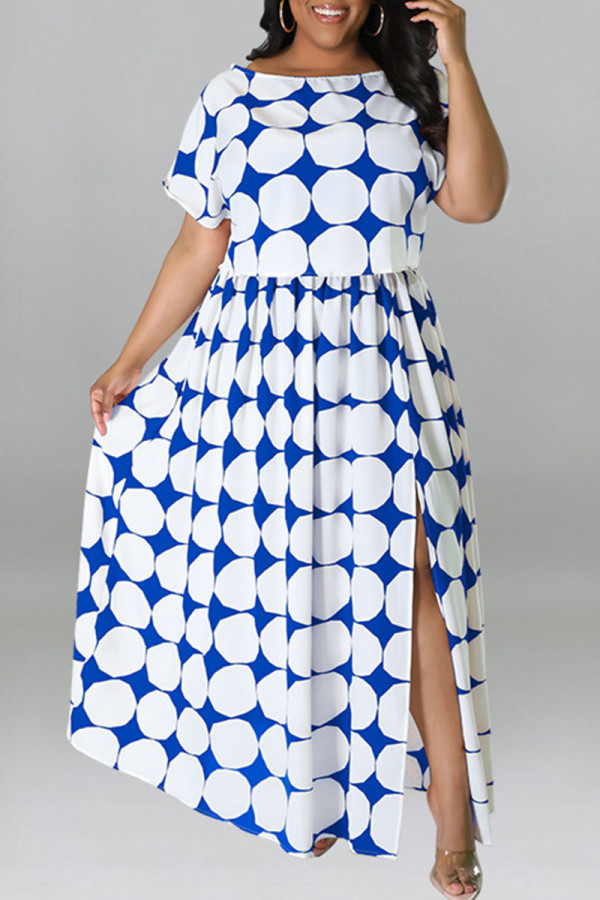 Синий повседневный принт Пэчворк с разрезом и круглым вырезом Прямые платья больших размеров