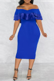 ブルーファッションカジュアルソリッドパッチワークバックレスオフショルダー半袖ドレス