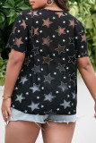 Black Fashion Casual Print The stars See-through O Neck Plus Size Tops