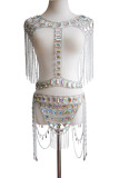 Серебряный модный сексуальный лоскутный комплект с кисточками и выдолбленными аксессуарами из двух предметов