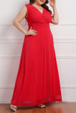 Vestido sin mangas con cuello en V de patchwork sólido de talla grande sexy rojo de moda