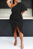 Черное модное повседневное платье больших размеров с однотонным пэчворком и косым воротником, асимметричное платье