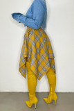 Azul naranja moda calle cuadros estampado vendaje patchwork asimétrico cintura alta tipo A estampado completo fondos