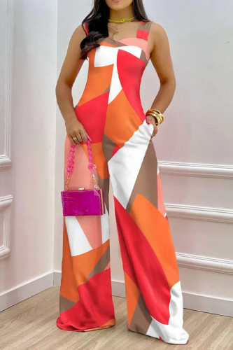Orange Red Casual Print Patchwork Spaghetti Strap Straight Jumpsuits
