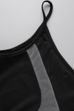 Zwarte sexy effen patchwork doorschijnende schuine kraag kokerrokjurken