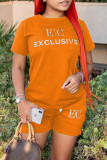 Оранжевый модный повседневный принт с буквенным принтом, базовый, с круглым вырезом, с коротким рукавом, из двух предметов