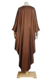 Brown Fashion Casual Print Basic O Neck Long Sleeve Plus Size Dresses