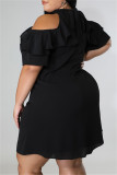 Zwarte mode casual plus size effen uitgeholde coltrui jurk met korte mouwen