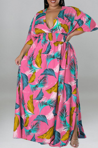 Pink Casual Print Patchwork Slit V Neck Straight Plus Size Dresses