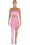 Pink Sexy Solid Hollowed Out Patchwork Slit Strapless Straight Dresses