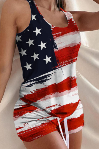 Red White Fashion Casual Print Basic U Neck Sleeveless Two Pieces