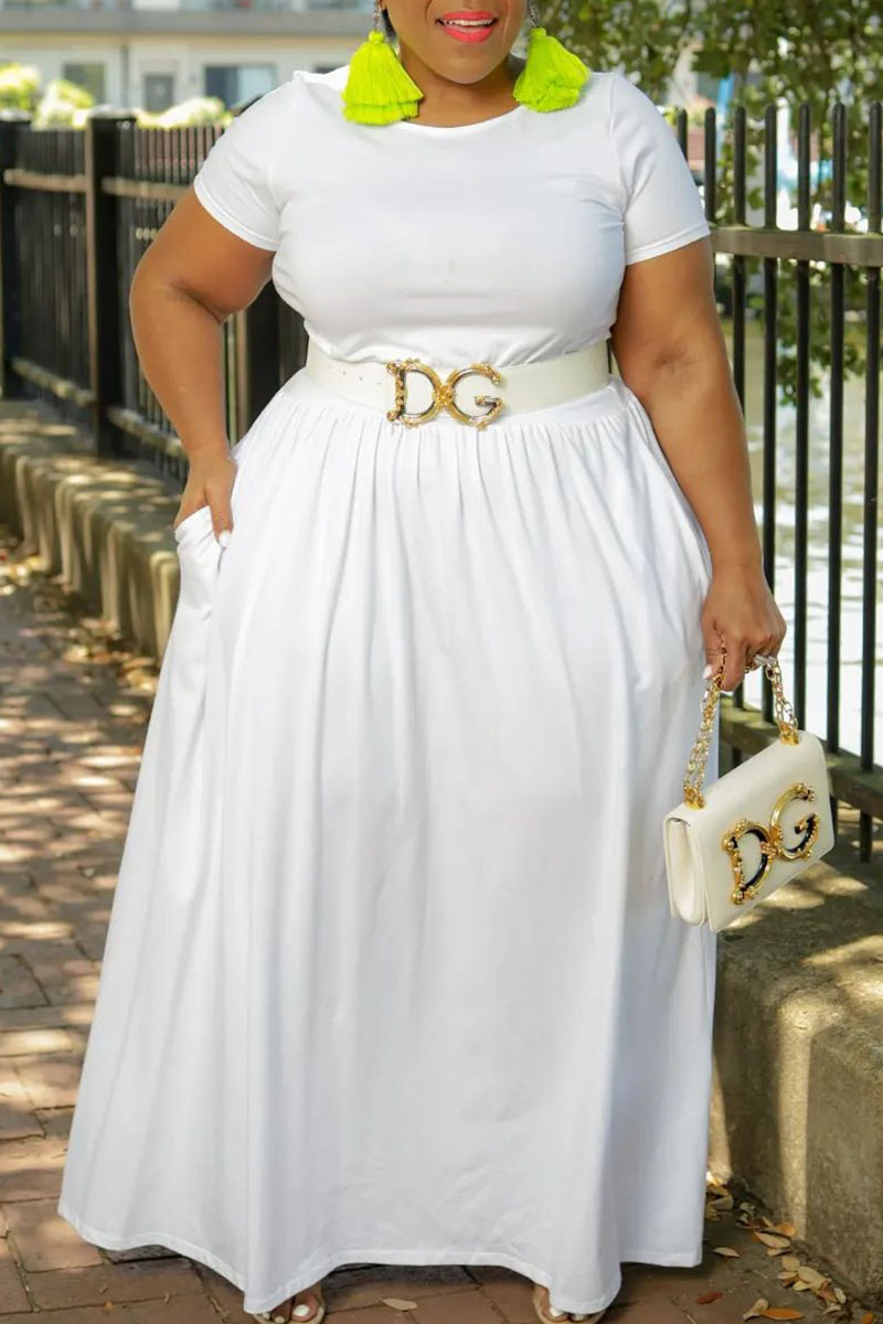 

White Casual Solid Patchwork O Neck A Line Plus Size Dresses(Without Belt)