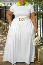 Белые повседневные однотонные лоскутные платья с круглым вырезом А-силуэта больших размеров (без пояса)
