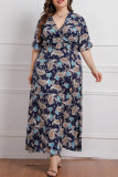 Deep Blue Fashion Casual Plus Size Print Patchwork V-ringad kortärmad klänning