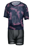 Black Sexy Print Patchwork See-through O Neck Short Sleeve Two Pieces