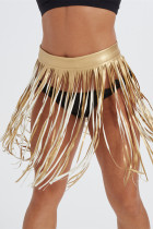 Золотая модная сексуальная однотонная юбка в стиле пэчворк с кисточками, обычная юбка с высокой талией