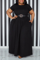 ブラックカジュアルソリッドパッチワークOネックAラインプラスサイズのドレス（ベルトなし）