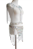 Серебряный модный сексуальный лоскутный комплект с кисточками и выдолбленными аксессуарами из двух предметов