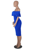 Blauwe mode casual effen patchwork rugloze off-shoulder jurk met korte mouwen