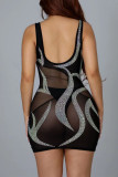Schwarze Mode Sexy Patchwork Hot Drilling Durchsichtiges rückenfreies ärmelloses Kleid mit V-Ausschnitt