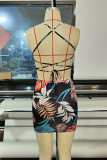 Multicolor Fashion Sexy Print Backless Cross Straps Spaghetti Strap Sleeveless Dress