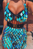 Deep Blue Fashion Sexy Patchwork Hollowed Out Sequins Backless Accessories